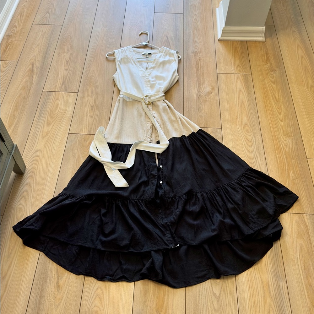 H By Halston V-neck tiered sleeves belted midi dress